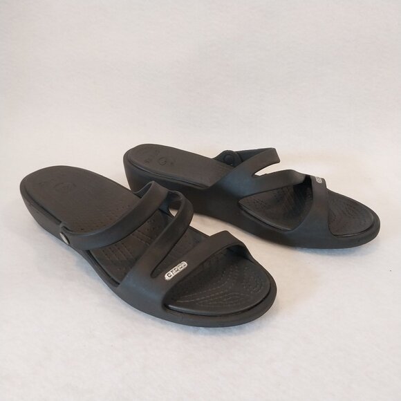 Crocs Patricia Black Sandals Womens 9 Slip-On Strappy Slides Wedge Heel Comfort, - Picture 1 of 11